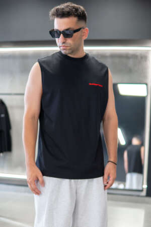 Sleeveless Tee | Red Embroidery | Black