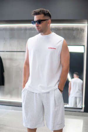 Sleeveless Tee | Red Embroidery | White